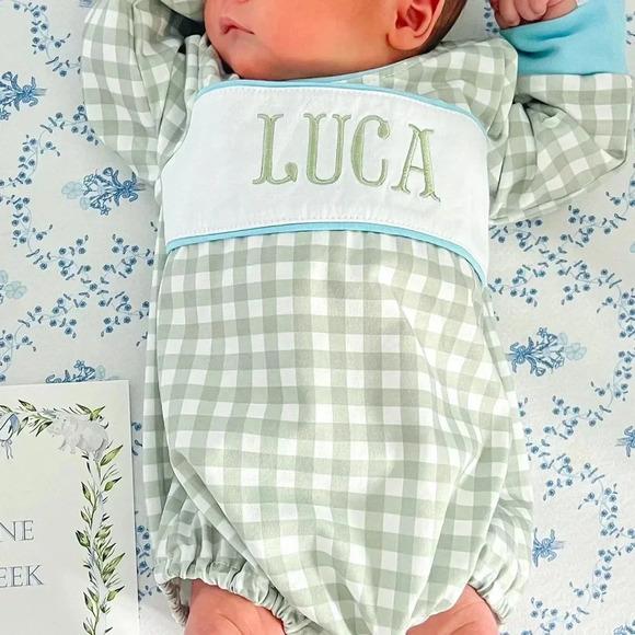 Luca onesie embroidered long sleeve romper gingham sage baby boy smock bubble - Picture 5 of 5